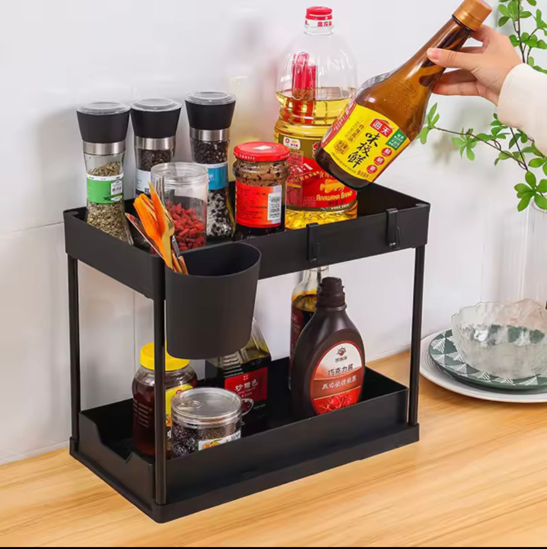 Double Deck Pull Out Organizer, 2 Tier Under Sink Organizer, Organizer Storage Rack With Hooks Hanging Double Deck Pull Out Organizer, 2 Tier Under Sink Organizer, Organizer Storage Rack With Hooks Hanging